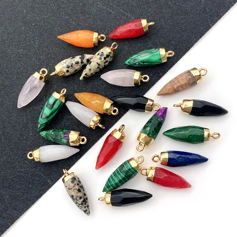 Natural Stone Bullet Cone Faceted Pendant With Gold Alloy Cap For DIY Jewelry Making Accessories Malachite Lapis Lazuli Quartz