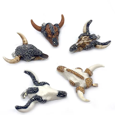 Bull Head Skull Pendant Acrylic Inlaid Rhinestone Bohemian Vintage DIY Necklace Charm Jewelry Making Accessory