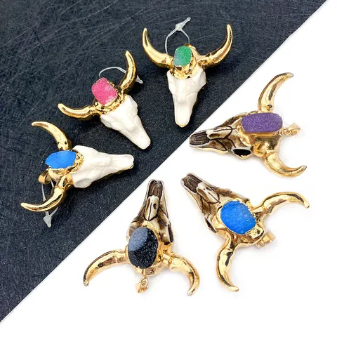 Bohemian Bull Head Skull Pendants With Gold Plated Horns Natural Druzy Stone Acrylic Pendants For DIY Jewelry Necklace Crafting