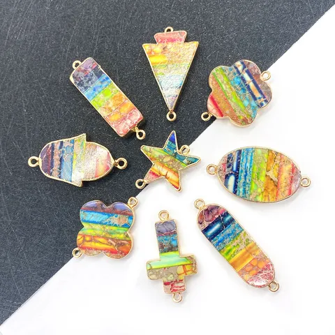 Natural Stone Double Loop Pendant Connectors Gold Plated Alloy Edged Rainbow Imperial Jasper Star Cross Charms DIY Jewelry Making