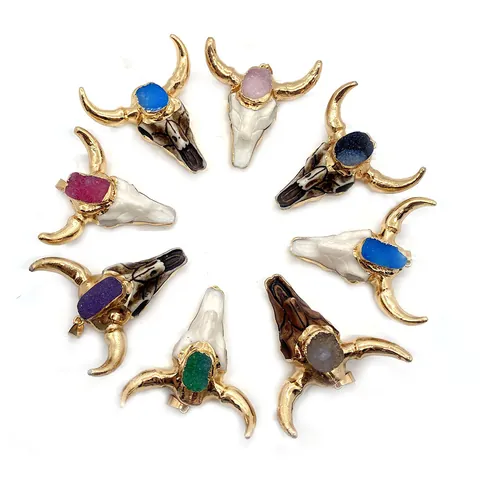 Bohemian Bull Head Skull Pendants With Gold Plated Horns Natural Druzy Stone Acrylic Pendants For DIY Jewelry Necklace Crafting