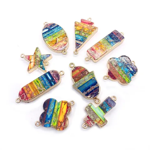 Natural Stone Double Loop Pendant Connectors Gold Plated Alloy Edged Rainbow Imperial Jasper Star Cross Charms DIY Jewelry Making