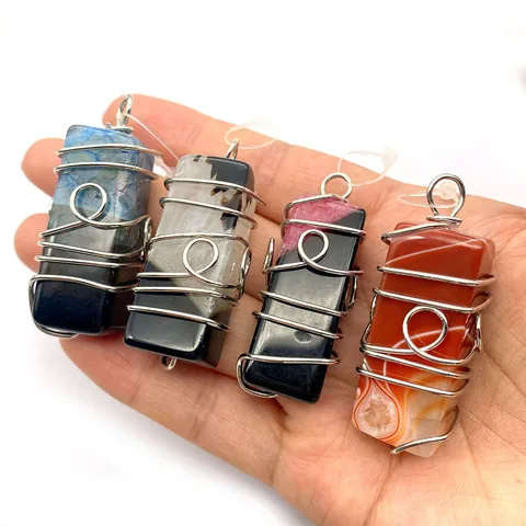 Handgefertigter Naturstein Drahtgewickelt Rechteckiges Prisma Anhänger Achat Kristall Charm Für DIY Schmuckherstellung