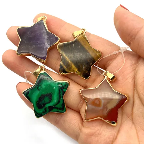 Naturstein Stern Anhänger Vergoldete Legierung Kante Amethyst Malachit Tigerauge Achat Für DIY Schmuckherstellung Zubehör
