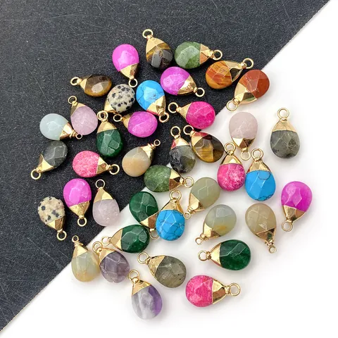 Faceted Natural Stone Teardrop Pendants With Gold Plated Alloy Bezel Amethyst Tiger Eye Turquoise Water Drop Charms For DIY Jewelry Making Necklaces Earrings Accessories
