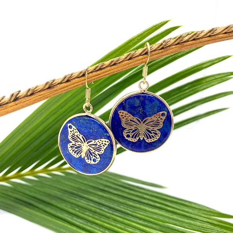 Bohemian Natural Lapis Lazuli Round Dangle Earrings For Women Gold Plated Alloy Hollow Mandala Bee Starfish Greek Key Pattern Jewelry Gift