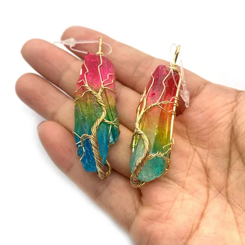 Naturstein Unregelmäßiger Regenbogen Kristall Anhänger Drahtgewickelt Lebensbaum Golddraht DIY Schmuckherstellung Zubehör