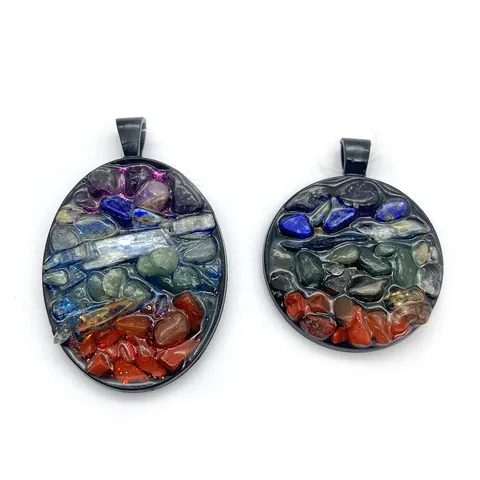 Handmade Natural Crushed Stone Chakra Pendant Stainless Steel Frame Rainbow Healing Stone DIY Jewelry Accessory Pendant Only