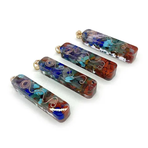 Natural Stone Chips Resin Rectangular Pendant Only (Without Chain) With Copper Spiral Orgone Chakra Energy For DIY Jewelry Accessories