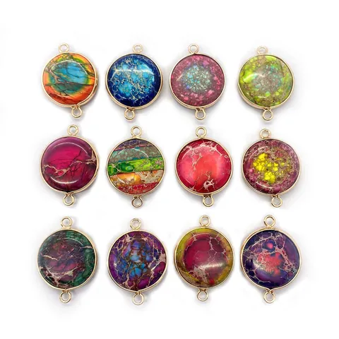 Natural Emperor Stone Round Flat Connector Pendant Gold Plated Alloy Bezel Multi Color Jewelry Making DIY Charm For Women
