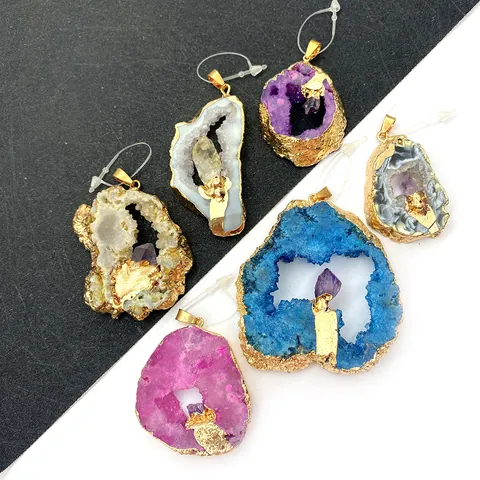 Onregelmatige Natuursteen Druzy Geode Hanger Goud Vergulde Rand Agaat Kristal Cluster DIY Sieraden Maken Accessoire Vrouwen