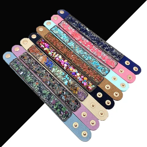 Bohemian Wide PU Leather Cuff Bracelet With Crushed Natural Stone Inlaid Rhinestone Metal Chain Snap Button Jewelry For Women
