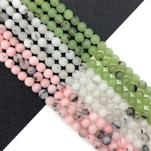 Natural Stone Round Loose Beads For DIY Jewelry Making Polished Pink Opal Black Rutilated Quartz Prehnite Stone Beads
