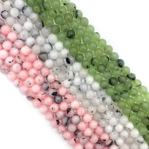 Natural Stone Round Loose Beads For DIY Jewelry Making Polished Pink Opal Black Rutilated Quartz Prehnite Stone Beads