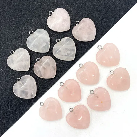 Rose Quartz Heart Shape Pendant With Silver Metal Ring Polished Natural Stone Charm DIY For Necklace Bracelet Making Accessory