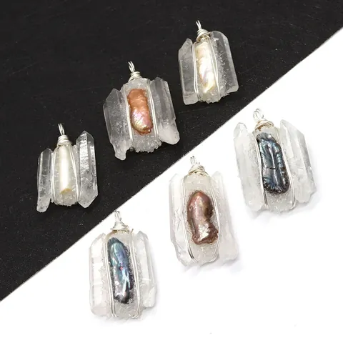 Natural Clear Crystal Cluster Baroque Freshwater Pearl Wire Wrapped Pendant Only (Without Chain) For DIY Jewelry Women