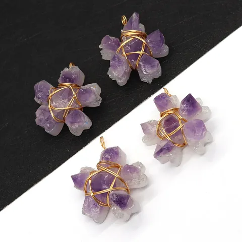 Natural Amethyst Raw Stone Flower Pendant Purple Crystal Wire Wrapped Star Charm For DIY Jewelry Making Necklace Wedding Party Gift