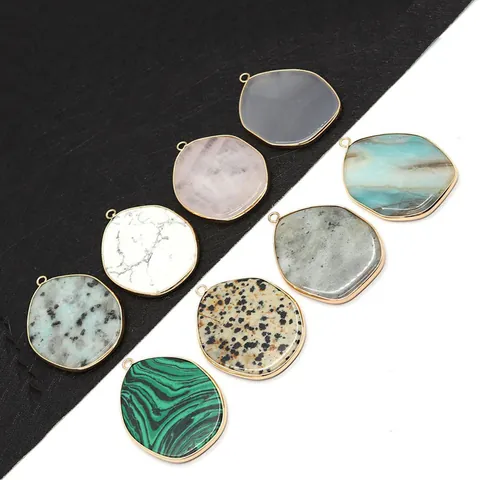 Irregular Natural Stone Malachite Dalmatian Jasper Pendant With Gold Plated Copper Edge DIY Jewelry Making Pendant Only Without Chain For Women