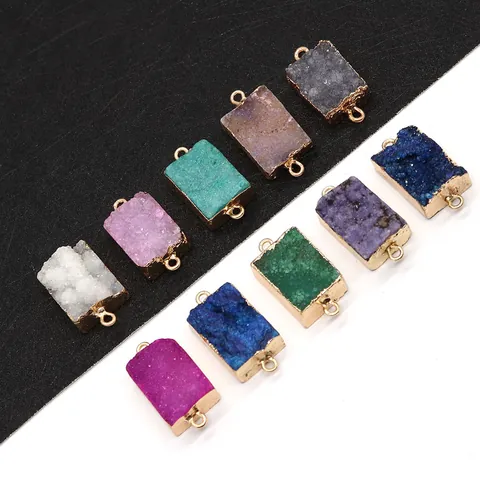 Natural Druzy Crystal Stone Rectangular Double Loop Pendant Connector Gold Plated Border DIY Jewelry Making Accessory For Necklace Bracelet