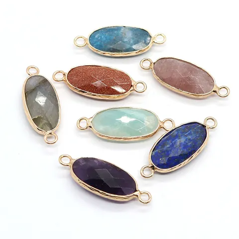 Natural Stone Faceted Oval Pendant Double Loop Connector For DIY Jewelry Making Gold Plated Copper Edging Amethyst Rose Quartz Lapis Charm