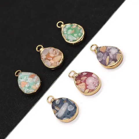 Pendentifs en Pierre Naturelle Goutte Forme Goutte d'Eau Bordure Dorée Breloques Style Terrazzo Pour Fabrication de Bijoux DIY Collier Accessoires Pendentif Uniquement (Sans Chaîne)