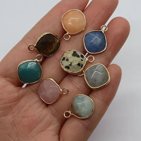 Natural Stone Rhombus Faceted Pendant Gold Plated Alloy Edged Tiger Eye Rose Quartz Charms For DIY Jewelry Making Necklaces Women