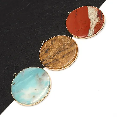 Grote Ronde Natuursteen Hanger Met Gouden Rand Platte Schijf Charms Voor DIY Ketting Armband Maken Accessoires Jaspis Agaat Kwarts Kristal