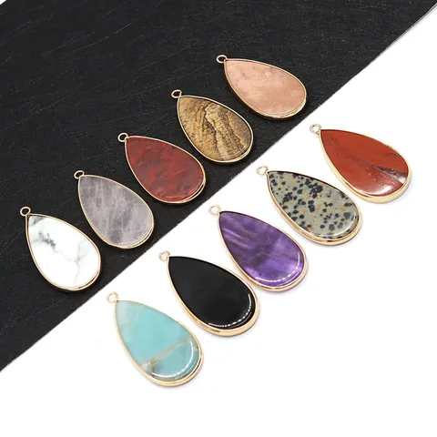 Natural Stone Teardrop Pendant Only (Without Chain) For DIY Jewelry Making Gold Plated Gemstone Waterdrop Charm Accessories