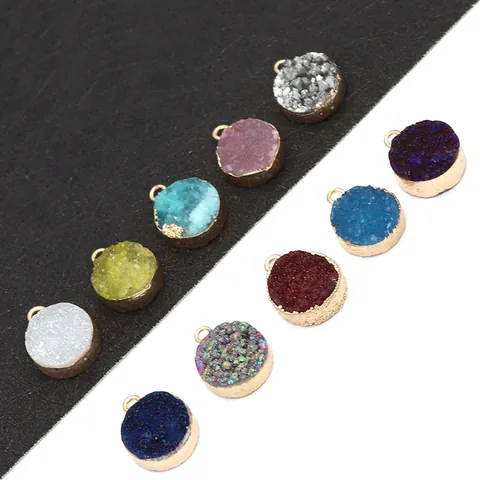 Natural Druzy Crystal Round Pendant Gold Plated Bezel Geode Charm For DIY Necklace Jewelry Making Pendant Only Without Chain