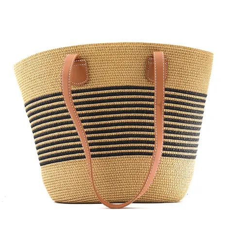 Bolso Tote de Paja Rayado de Gran Capacidad para Mujer Tejido a Mano para Playa Vacaciones Bolso de Hombro Con Asa de Cuero PU