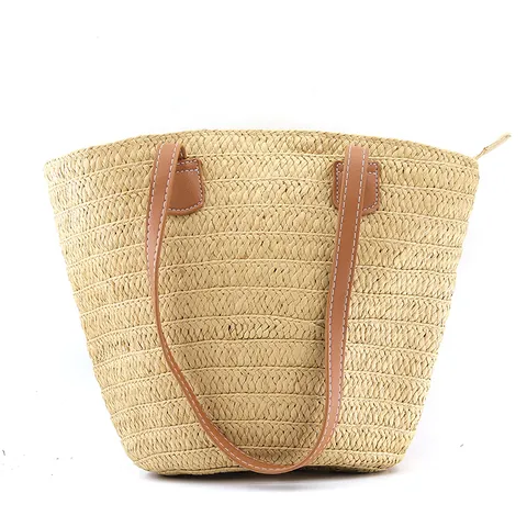 Bolso Tote de Paja Rayado de Gran Capacidad para Mujer Tejido a Mano para Playa Vacaciones Bolso de Hombro Con Asa de Cuero PU