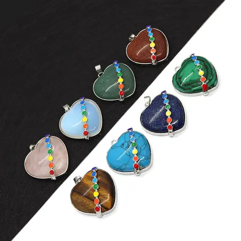 Heart Shape Natural Stone Pendant With Seven Chakra Rainbow Dots Alloy Wrapped For DIY Necklace Jewelry Making Accessory Gift