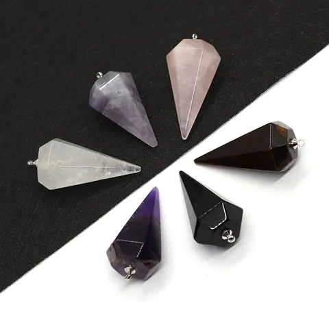 Natural Amethyst Black Agate Hexagonal Point Pendant For DIY Necklace Jewelry Making Faceted Stone Cone Pendulum Charms