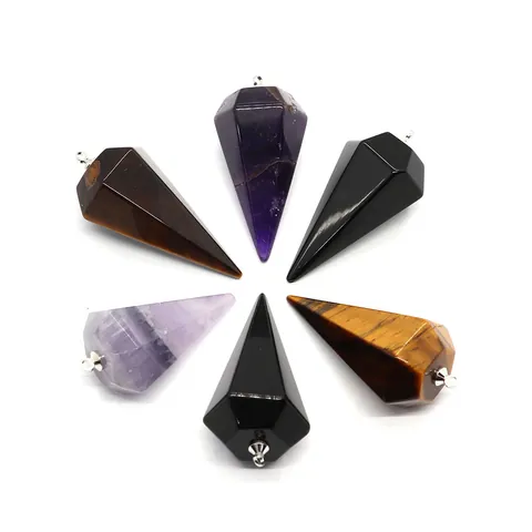 Natural Amethyst Black Agate Hexagonal Point Pendant For DIY Necklace Jewelry Making Faceted Stone Cone Pendulum Charms