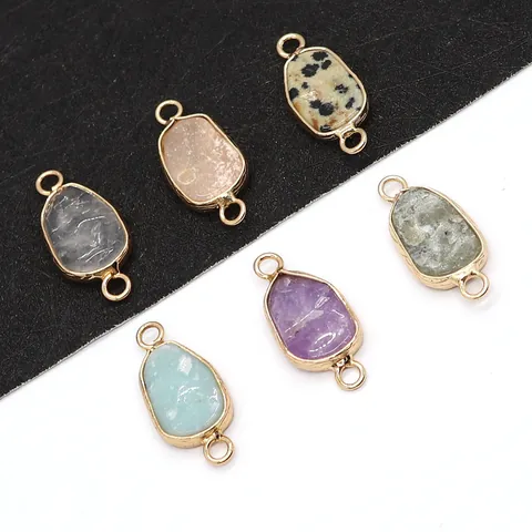 Naturstein Amethyst Amazonit Verbinder Anhänger Unregelmäßiger Roher Kristall Vergoldeter Legierungsrand Doppelösen Für DIY Schmuckherstellung Zubehör