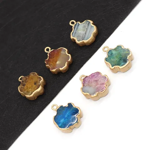 Natural Stone Crystal Flower Pendant Gold Plated Edging Six Petal Floral Charm For DIY Jewelry Making Necklaces Accessories