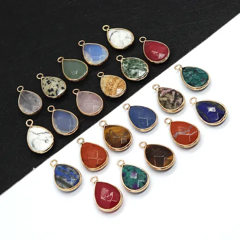 Natural Stone Teardrop Pendant Only (Without Chain) With Gold Alloy Edge Faceted Water Drop Charm For DIY Jewelry Making Accessory
