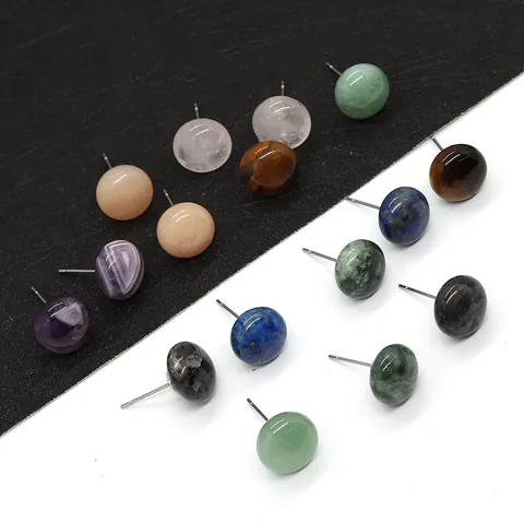 12mm Round Flat Natural Stone Stud Earrings Amethyst Tiger Eye Lapis Lazuli Green Aventurine DIY Ear Jewelry Women Gift