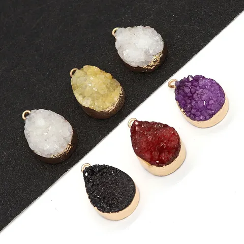 Natural Crystal Druzy Teardrop Pendant Metal Wrapped Edge Waterdrop Stone Charms For DIY Jewelry Making Necklace Accessories