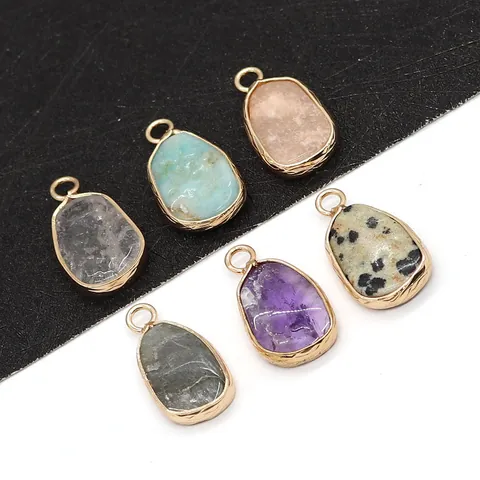 Irregular Natural Stone Dalmatian Jasper Rose Quartz Amethyst Pendants With Gold Metal Edge DIY Jewelry Making Charms Accessory