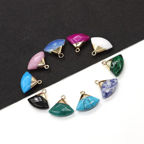 Natural Stone Fan Shape Faceted Pendant Only (Without Chain) Gold Plated Alloy Edging Pendant For DIY Jewelry Making Crafts