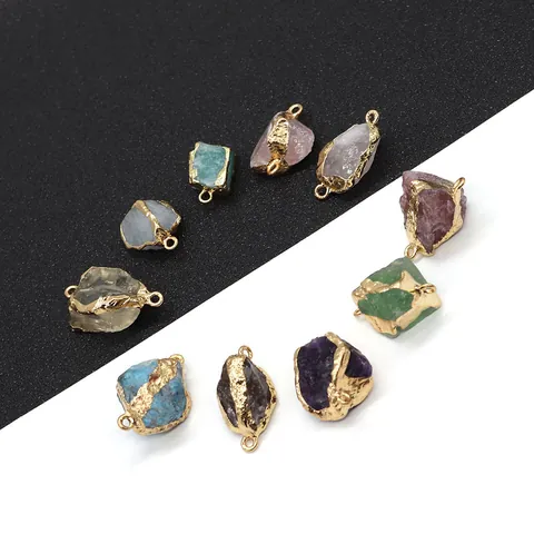 Natural Stone Irregular Amethyst Rose Quartz Pendant Connector Gold Plated Alloy Double Loop DIY Jewelry Making Charm