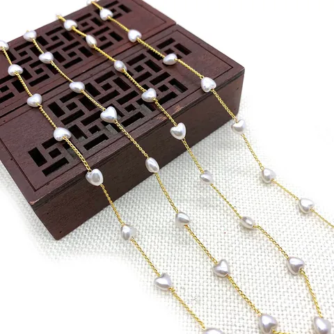 Copper Twisted Link Fine Chain Gold Color With White ABS Imitation Artificial Pearl Heart Shaped For DIY Jewelry Making Crafts Necklace