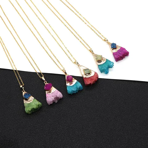 Bohemian Natural Druzy Crystal Stone Triangle Pendant Necklace Gold Plated Alloy Chain Inlaid Agate Jewelry Gift For Women