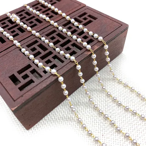 ABS Faux Artificial Pearl Gold Metal Twist Chain For DIY Jewelry Making Round White Artificial Pearl Beads Chain For Necklace Bracelet Crafts