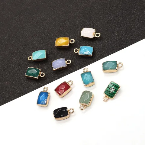 Natural Stone Rectangle Faceted Pendant Gold Plated Frame Malachite Turquoise Charms For DIY Jewelry Making Pendant Only
