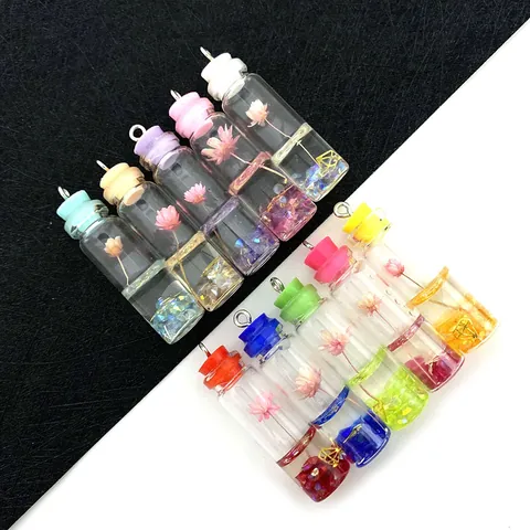 Mini Cylindrical Glass Bottle Pendant With Dried Flower And Glitter Sequins DIY Jewelry Necklace Making Accessories Women Girls Gift