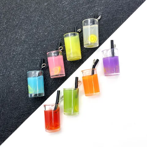 Resin Miniature Drink Cup Charms With Simulation Fruit Lemon Slice Straw Metal Loop For DIY Jewelry Making Crafts Pendants