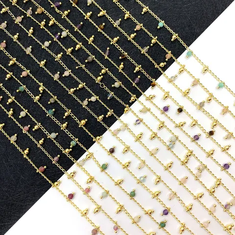 Copper Twisted Gold Chain Roll With Natural Stone Beads Faceted Round Mixed Color Jewelry Making DIY Necklace Accessories