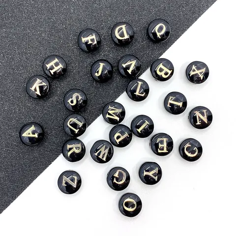 Natural Sea Shell Alphabet Beads 8mm Round Flat Black Gold Letter Beads For DIY Jewelry Making Bracelet Necklace Accessory